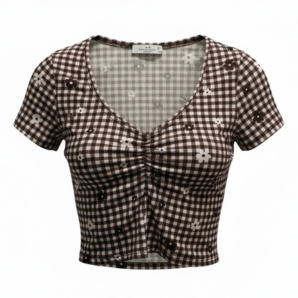 Gingham Print Crop Top Brown White‎ Checkered Cutesy Cottagecore Daisy Size XS